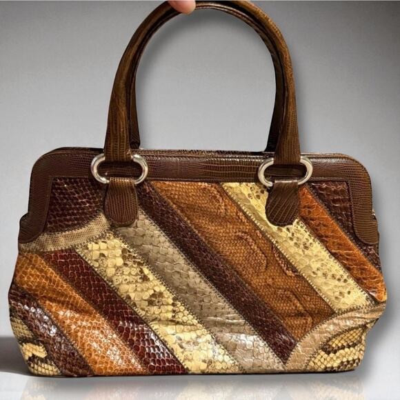 Supreme Vintage Patchwork Snakeskin Leather Handbag Brown Tan Top Handle Purse - Picture 1 of 12
